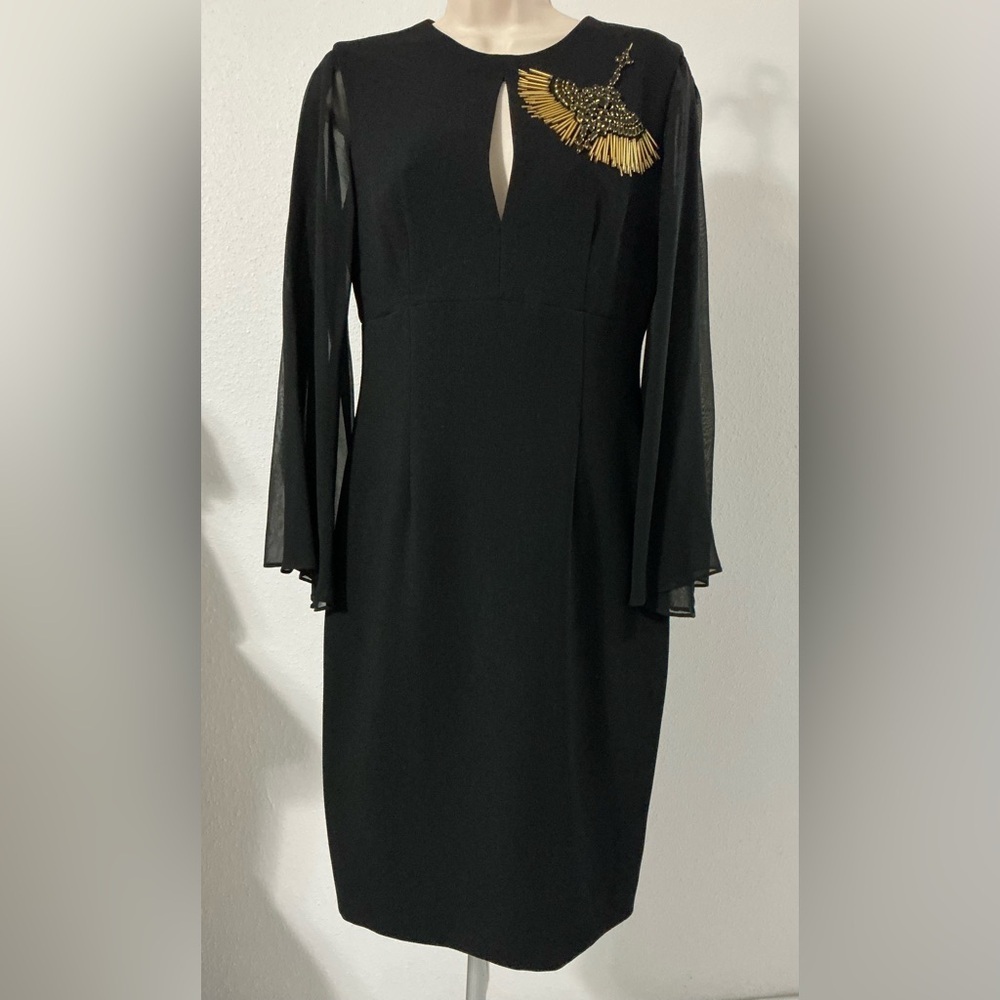 Trina Turk Women's Black Keyhole Sheer Sleeve Embellished Gold Bead Sheath Dress